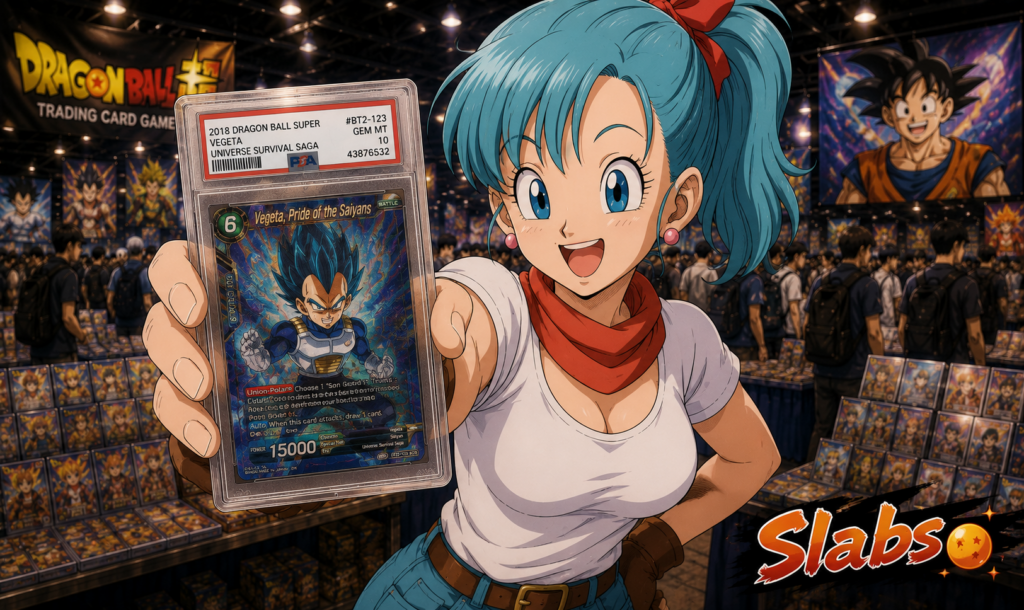 bulma met een psa 10 vegeta super saiyan blue